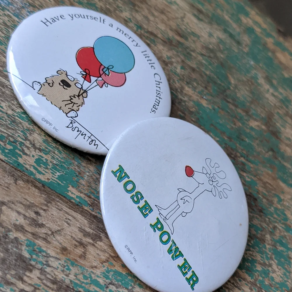 Vintage Sandra Boynton Christmas Holiday Pinback Buttons, lot of 2